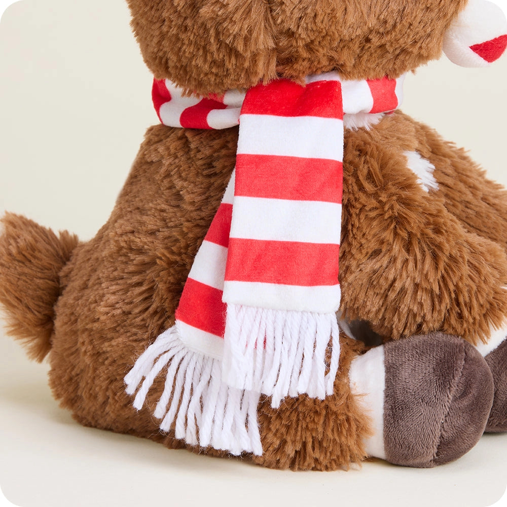 Brown teddy bear wearing a red and white striped scarf on a light background