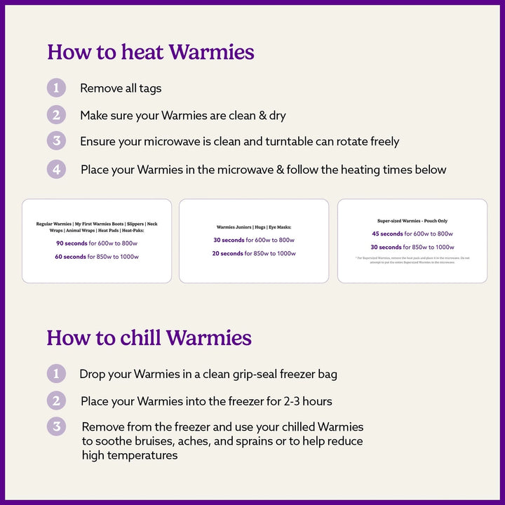 An informational graphic with a purple border and headings reading 'How to heat Warmies' and 'How to chill Warmies,' plus numbered steps and three small temperature/time reference cards on a light beige background.