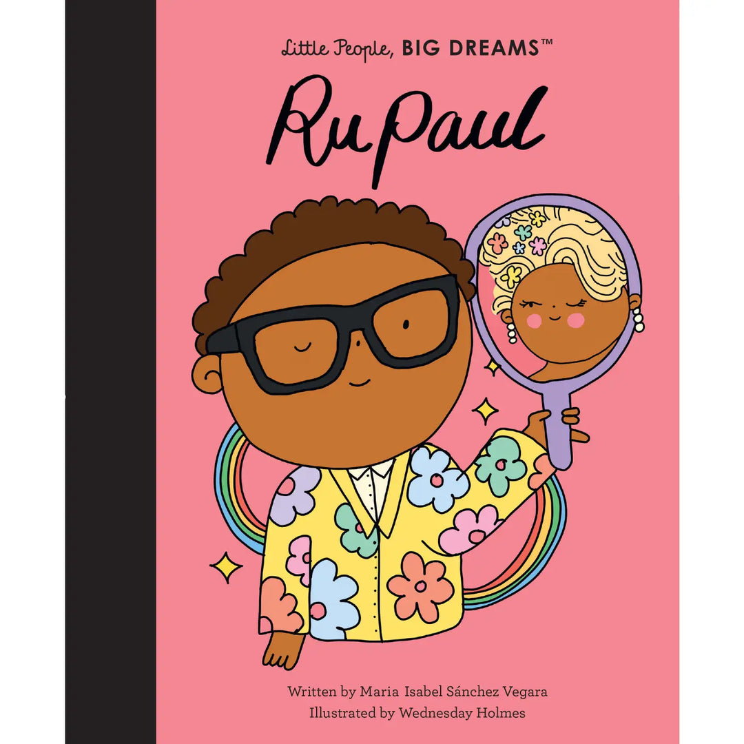Book cover of 'Little People, BIG DREAMS' series featuring a character with glasses and a floral shirt, holding a mirror with a blonde character.