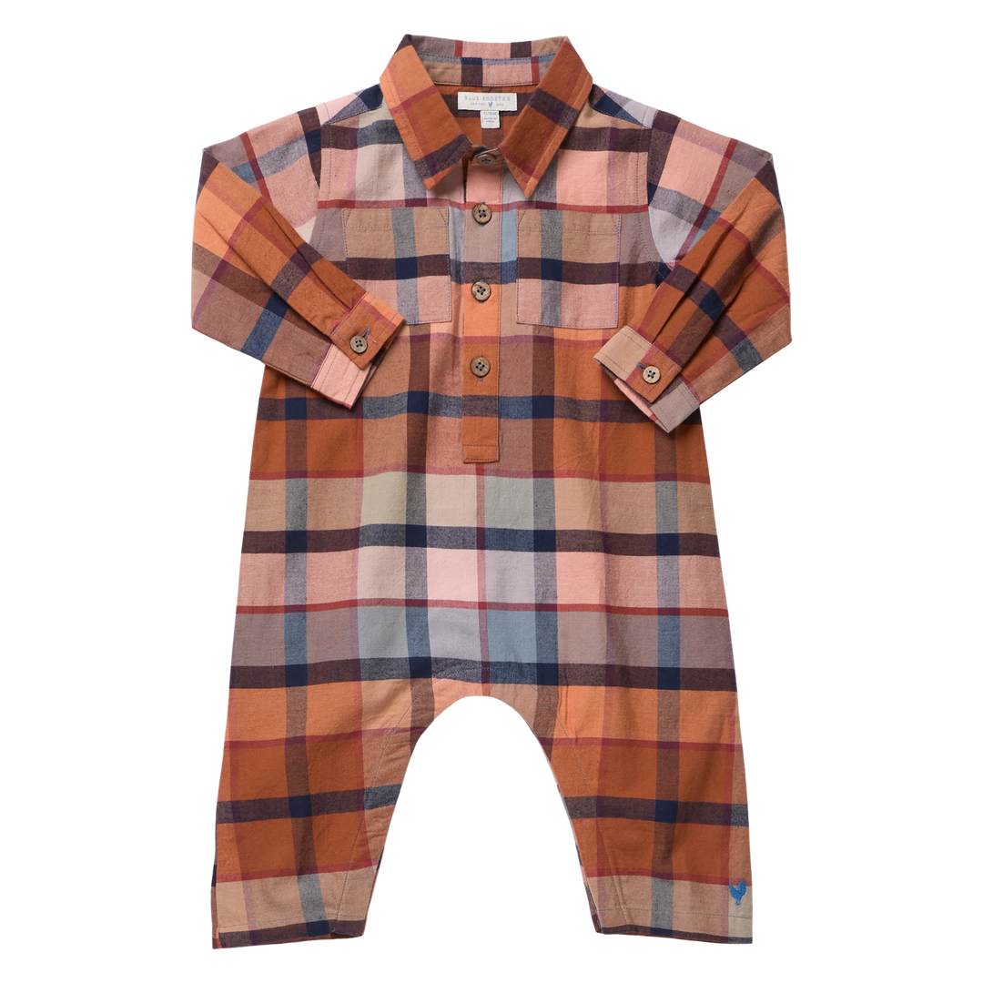 button down jumpsuit with collar in a rust plaid. 