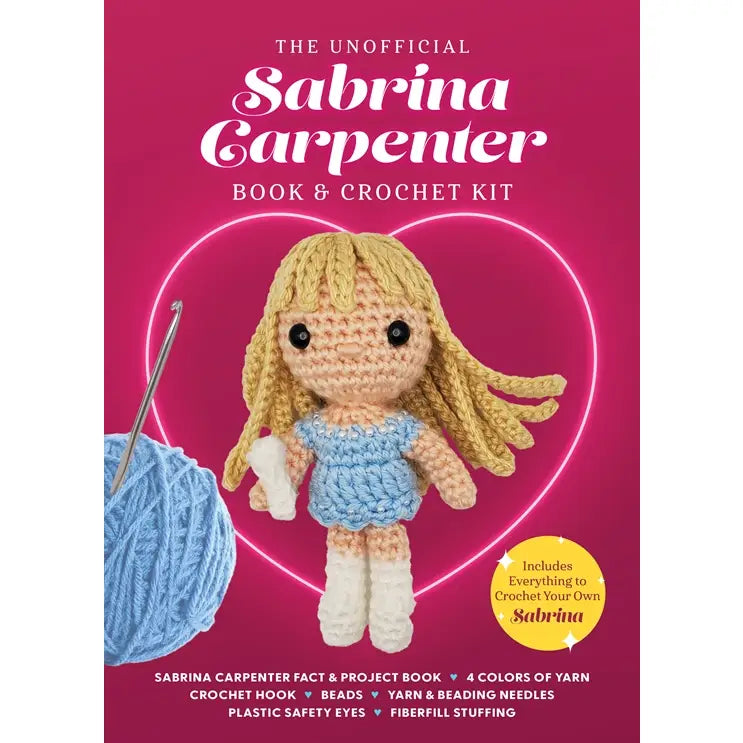 Crochet kit with a doll and yarn on a pink background, featuring 'Sabrina Carpenter' branding.