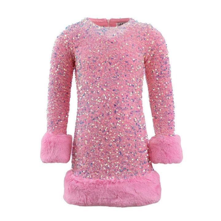 A pink long-sleeve mini dress covered in sequins with fluffy faux fur trim at the cuffs and hem, shown against a plain white background.