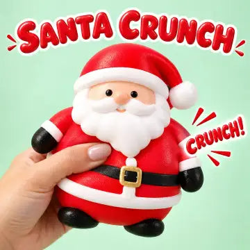 A hand holds a round, Santa Claus-themed squishy toy against a light mint green background. The toy is red and white with black accents, and the words 'SANTA CRUNCH' and 'CRUNCH!' appear in stylized text overlays.