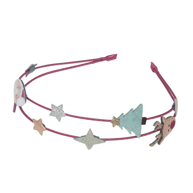 Multicolored headband with star and tree-shaped clips on a white background