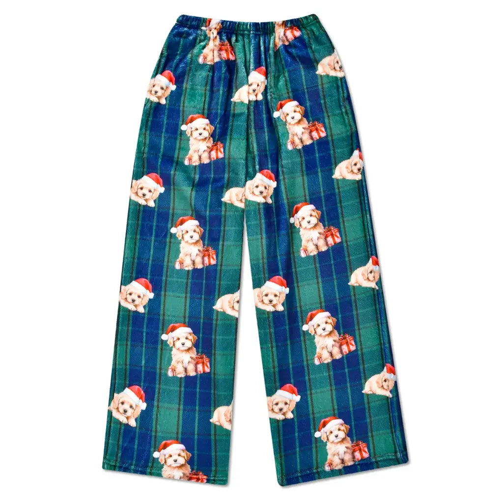 Plaid pajama pants with dog pattern on a white background