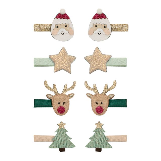 Set of Christmas-themed hair clips including Santa, reindeer, and tree designs on a white background.