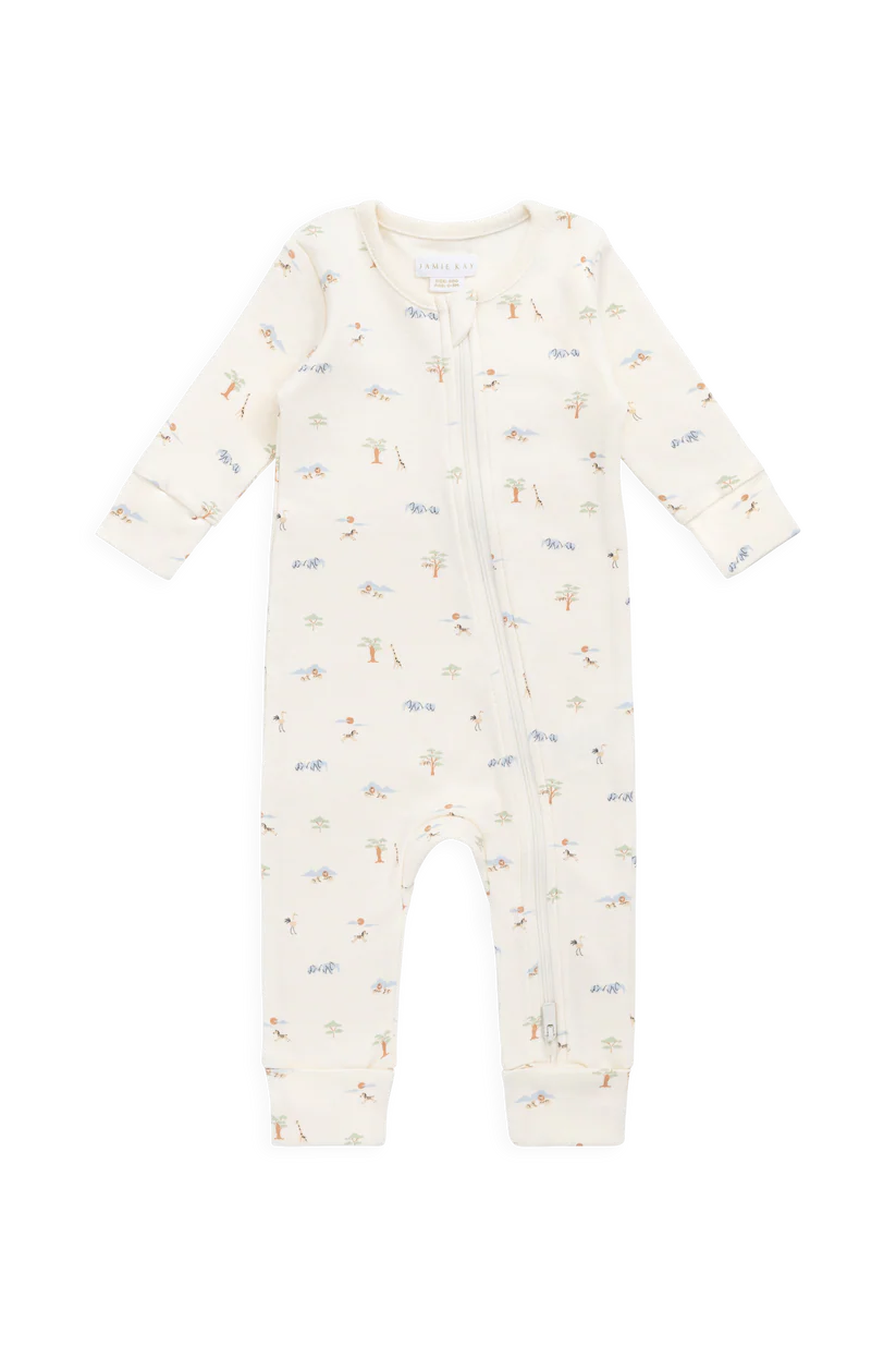 Baby onesie with a subtle savannah animal pattern on a white background
