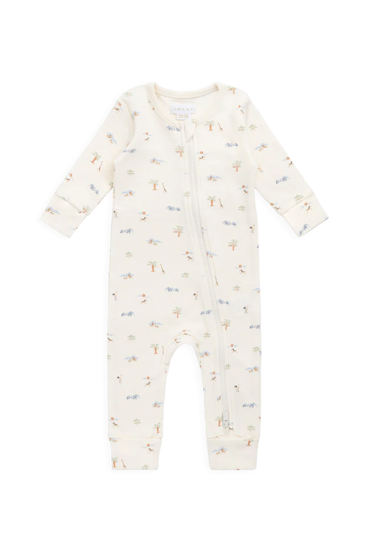 Baby onesie with a subtle savannah animal pattern on a white background