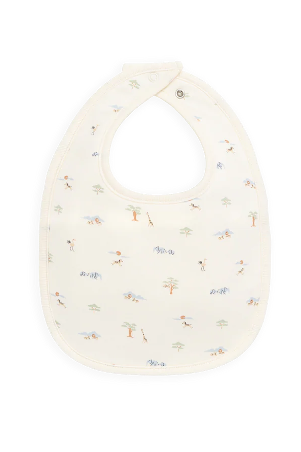 Baby bib with subtle animal  pattern on a white background