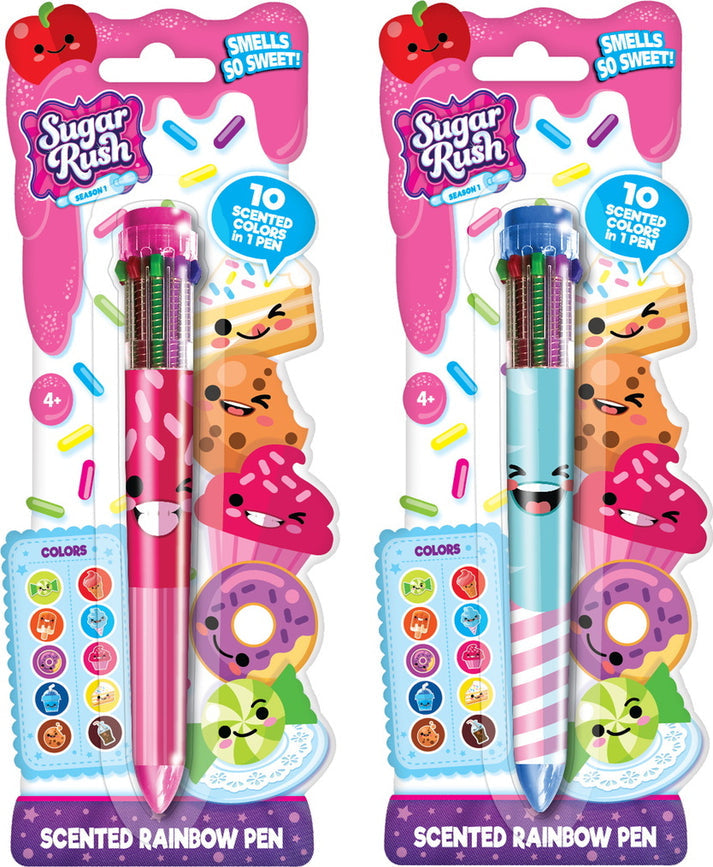 10 scented color options in each pen ! one pen is pink on the outside and one pen is blue