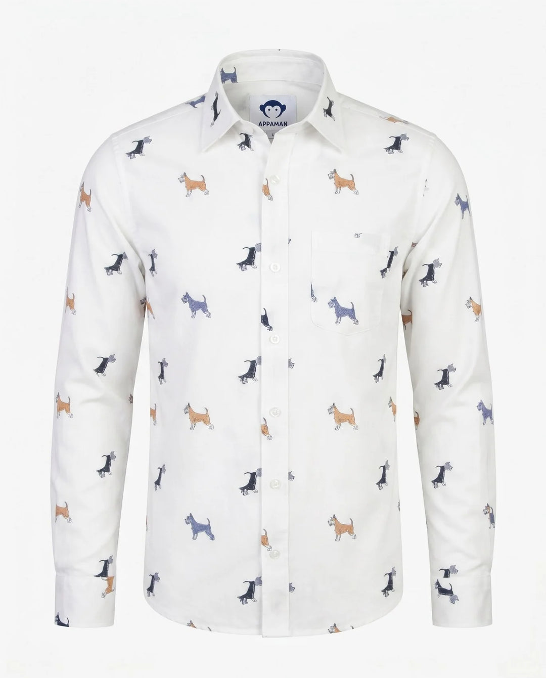 white button down shirt with multicolor scotty dogs all over it. 