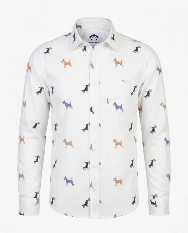 white button down shirt with multicolor scotty dogs all over it. 