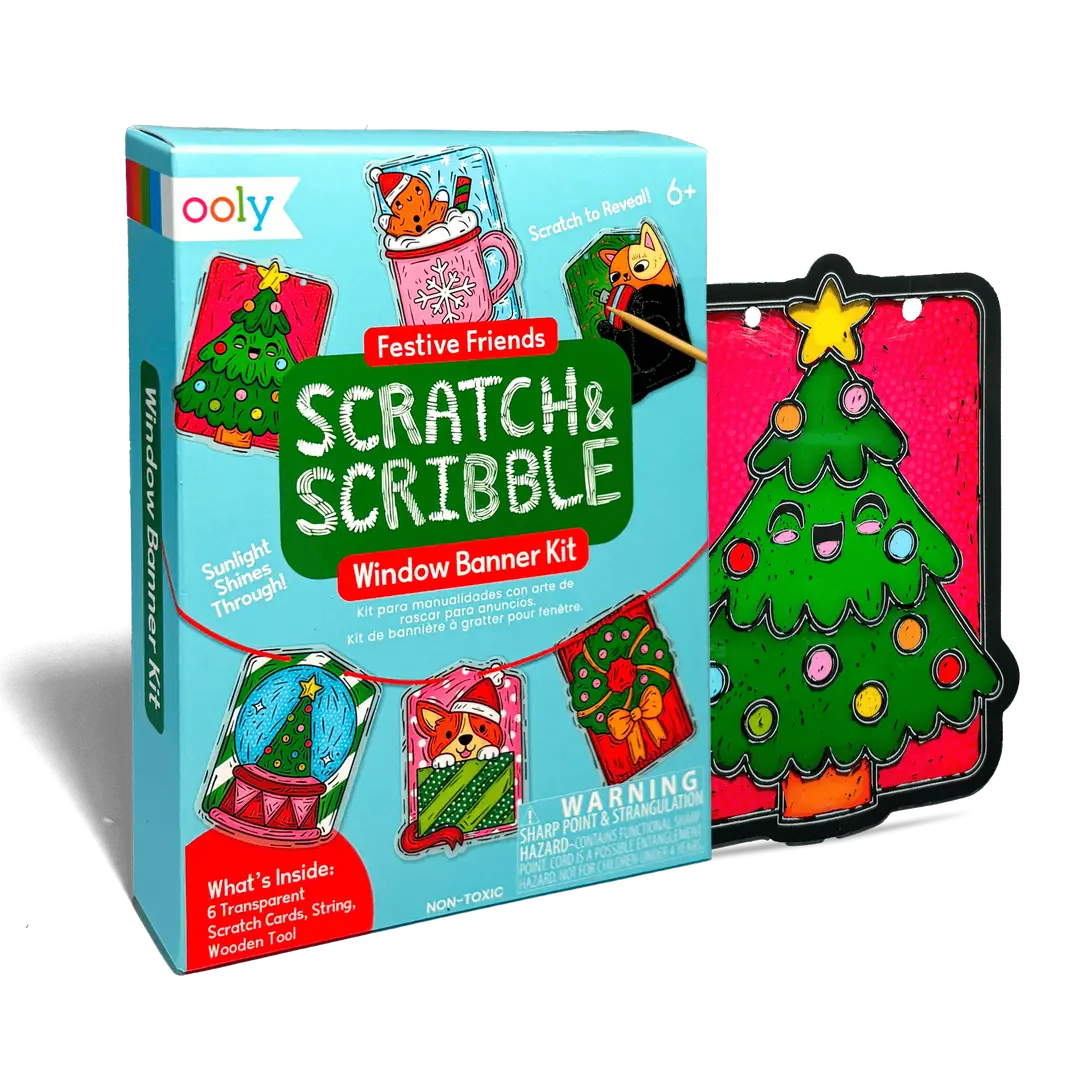 Ooly Scratch & Scribble Window Banner Kit shown with its light blue retail box and a decorated Christmas tree window banner piece on a white background.