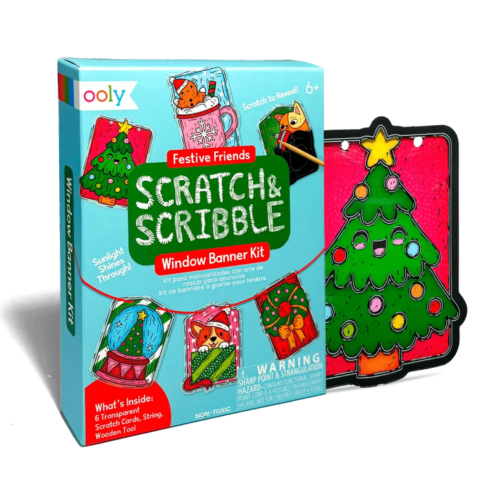 Ooly Scratch & Scribble Window Banner Kit shown with its light blue retail box and a decorated Christmas tree window banner piece on a white background.