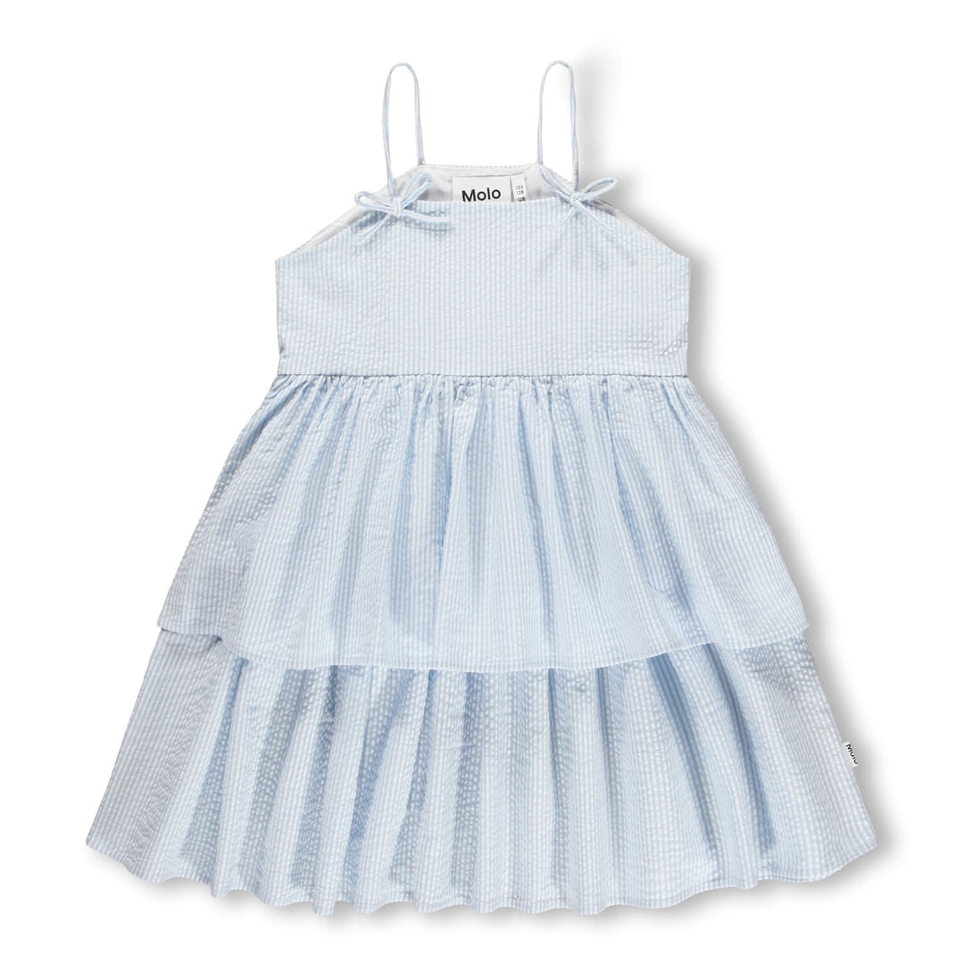 Light blue and white striped dress with thin straps on a white background