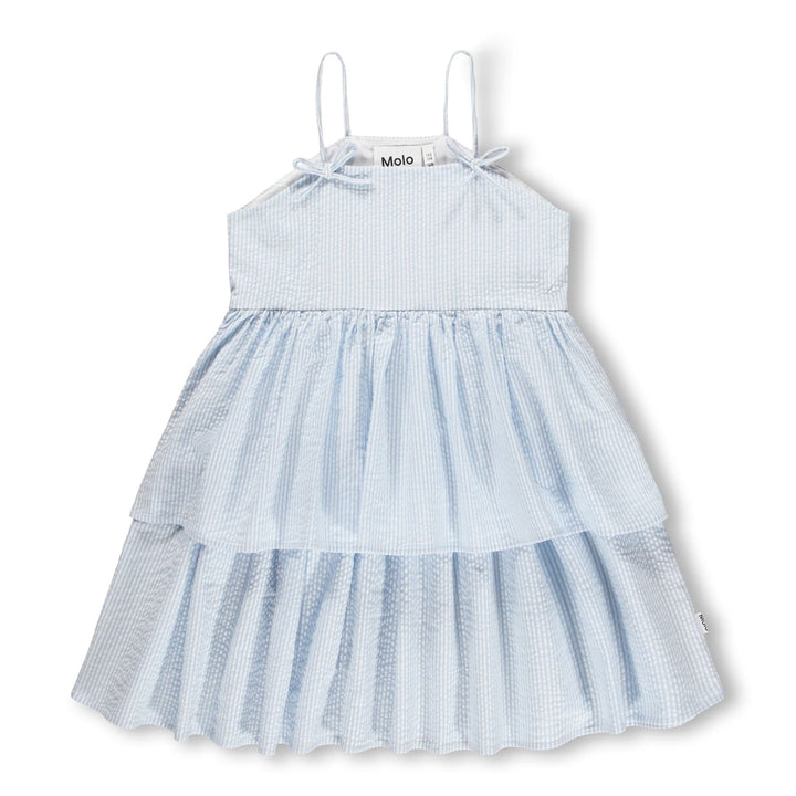Light blue and white striped dress with thin straps on a white background