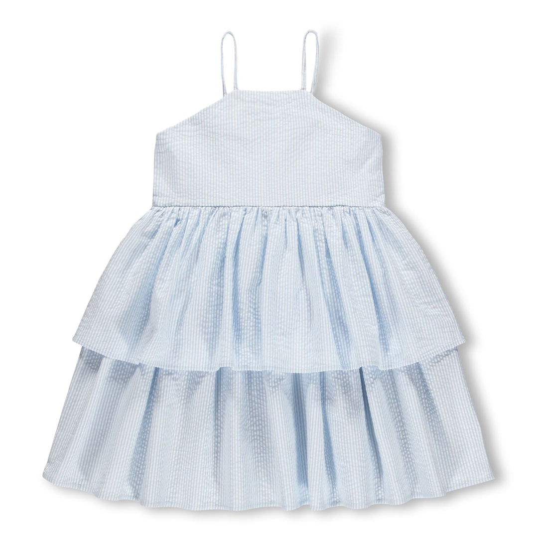 Light blue seersucker dress with thin straps on a white background