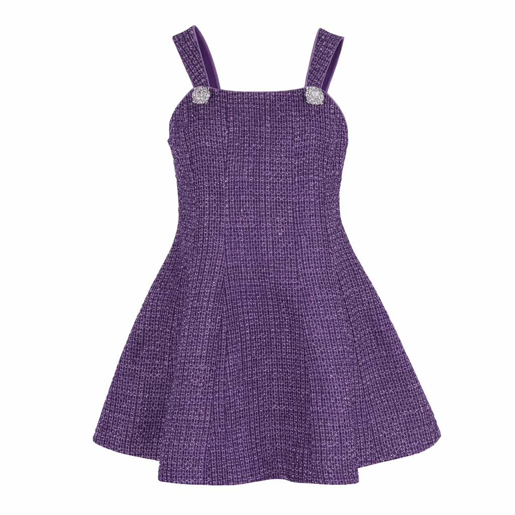 front of the purple tweed dress with glitter and rhinestones. 