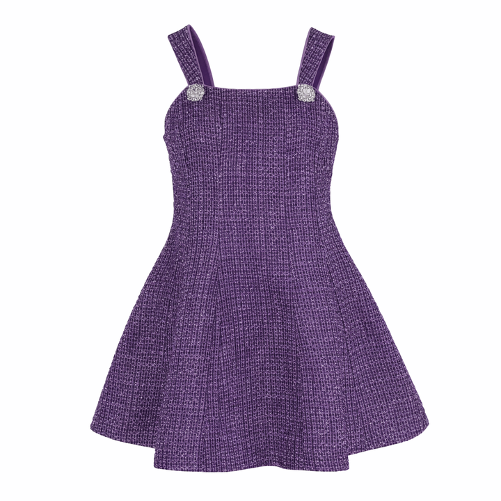 front of the purple tweed dress with glitter and rhinestones. 