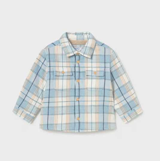 A children's long-sleeve plaid button-up shirt in light blue, cream, and tan, featuring two chest pockets and a collar, shown against a light gray background.