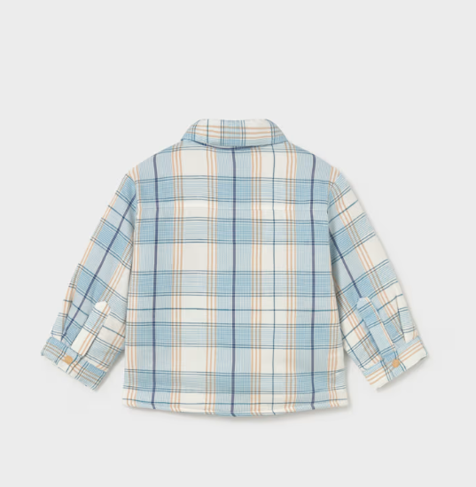 A long-sleeve plaid shirt shown from the back, featuring a light blue, white, and thin orange stripe pattern, laid flat against a light gray background.