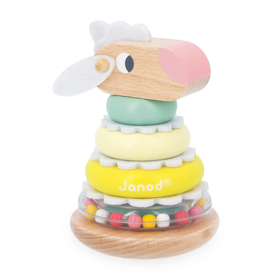 Colorful stackable toy with a sheep design on a white background, featuring the brand 'Janod'.