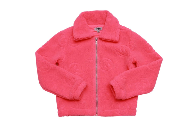 neon pink sherpa jacket with smiley faces embossed throughout