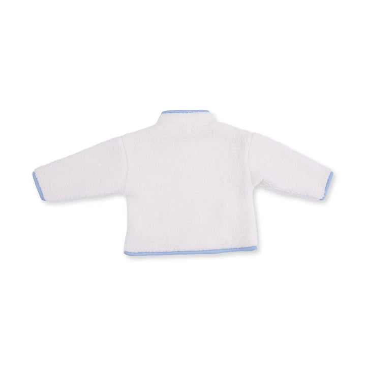 A white long-sleeve fleece jacket with light blue trim on the collar, cuffs, and hem, shown from the back on a white background.