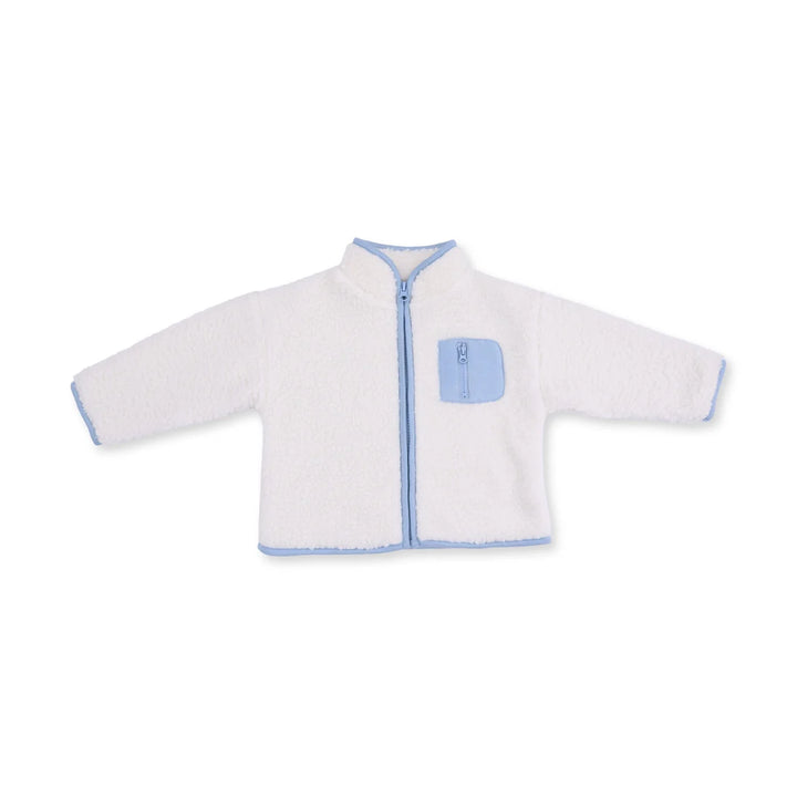 A white sherpa zip-up jacket with light blue trim, featuring a stand-up collar, a front zipper, and a small light blue chest pocket.