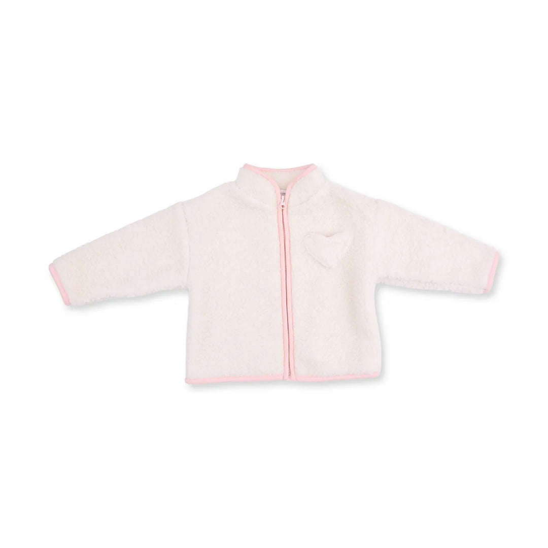 A white sherpa fleece zip-up jacket with light pink trim on the collar, cuffs, and hem, featuring a small heart-shaped pocket on the left chest.