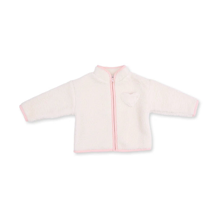 A white sherpa fleece zip-up jacket with light pink trim on the collar, cuffs, and hem, featuring a small heart-shaped pocket on the left chest.