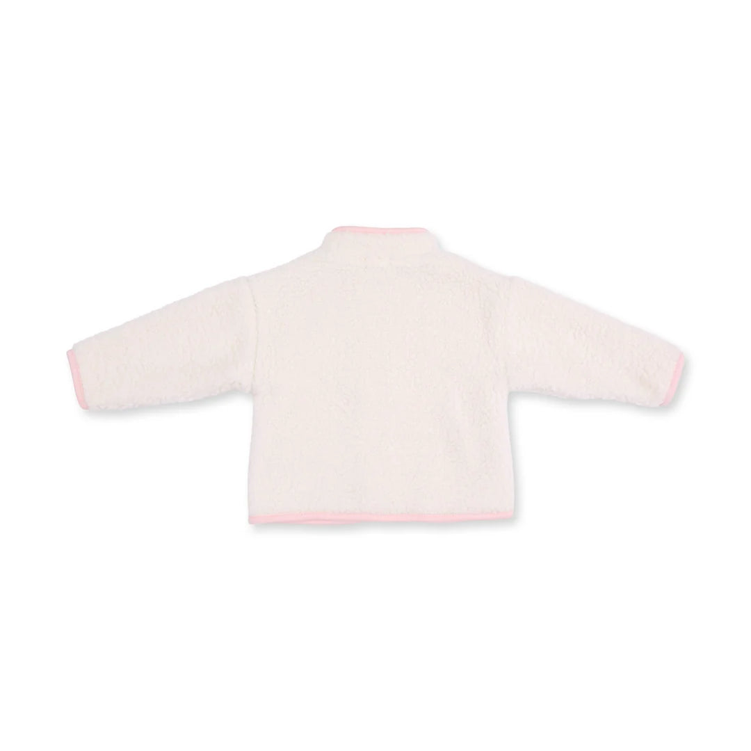 A white sherpa fleece long-sleeve top with light pink trim on the collar, cuffs, and hem, shown from the back on a white background.