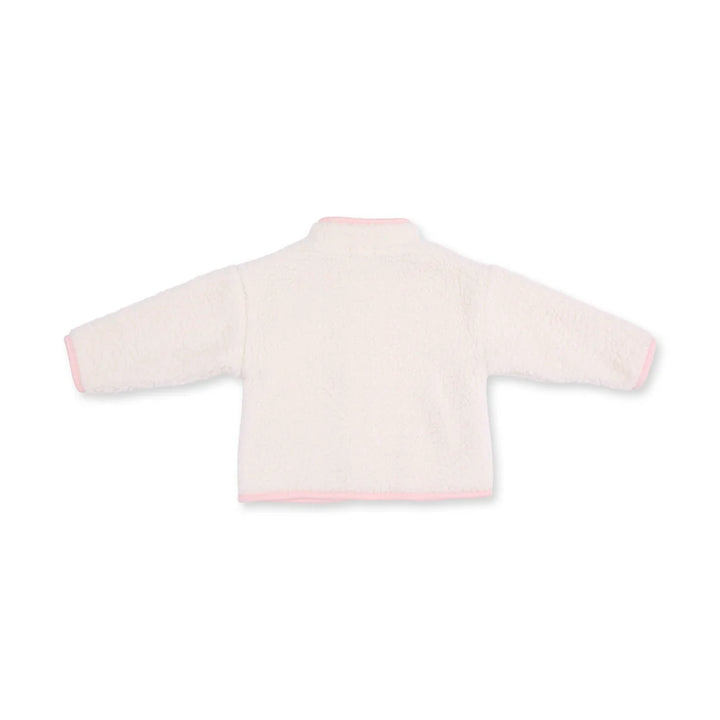 A white sherpa fleece long-sleeve top with light pink trim on the collar, cuffs, and hem, shown from the back on a white background.