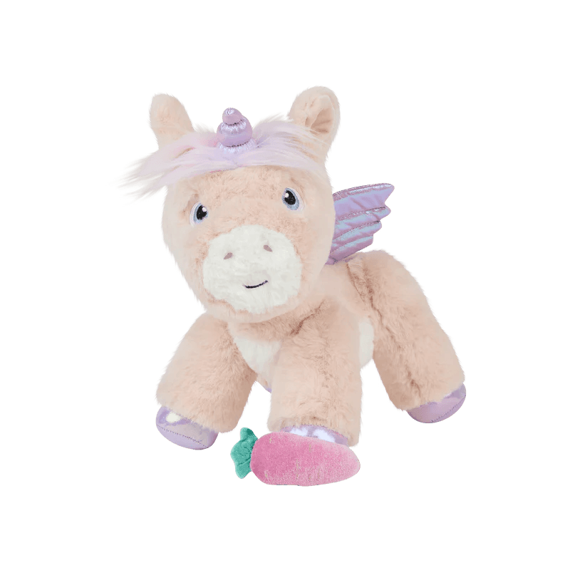 pink fluffy unicorn with lavender horn and wings. 
