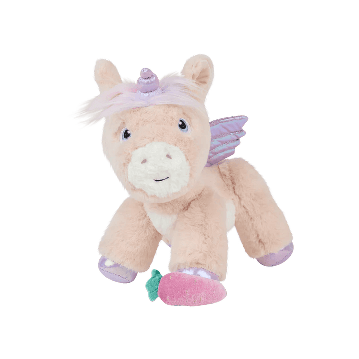 pink fluffy unicorn with lavender horn and wings. 