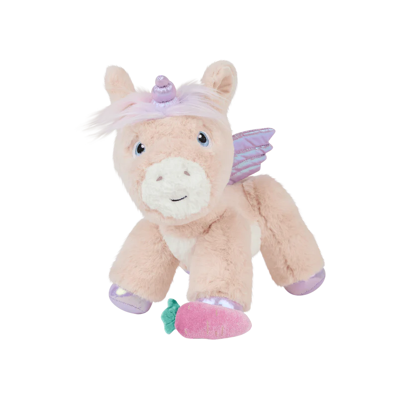 pink fluffy unicorn with lavender horn and wings. 