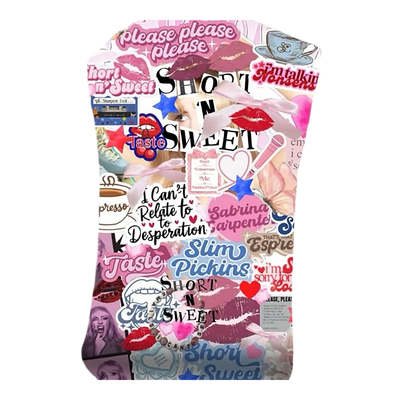 Sabrina Carpenter inspired blanket with Sabrina sayings and pictures and different lip prints: "slim pickins, Short and sweet" and "please, please, please"