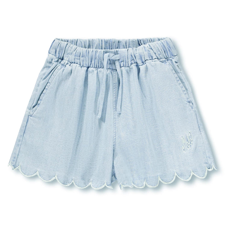 Light blue denim shorts with scalloped hem on a white background
