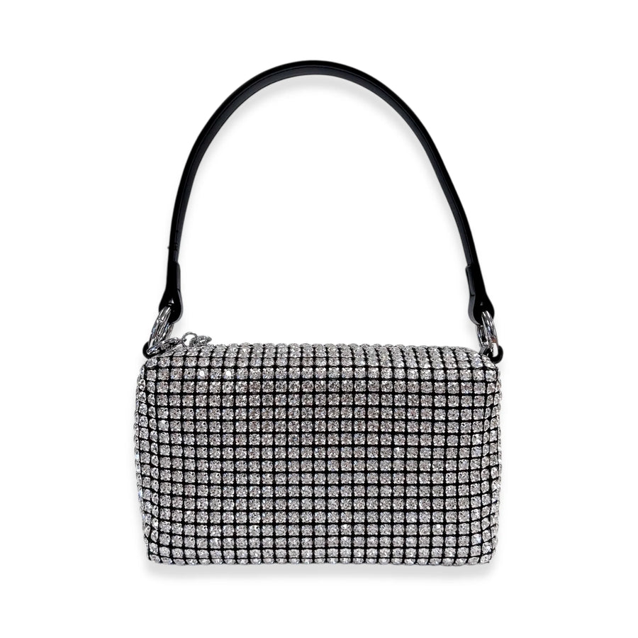 Silver handbag with rhinestone embellishments on a white background