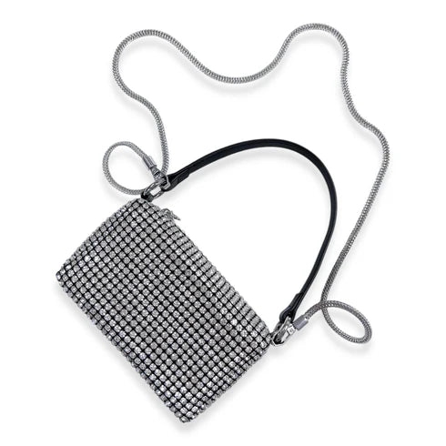 Silver rhinestone handbag with a chain strap on a white background