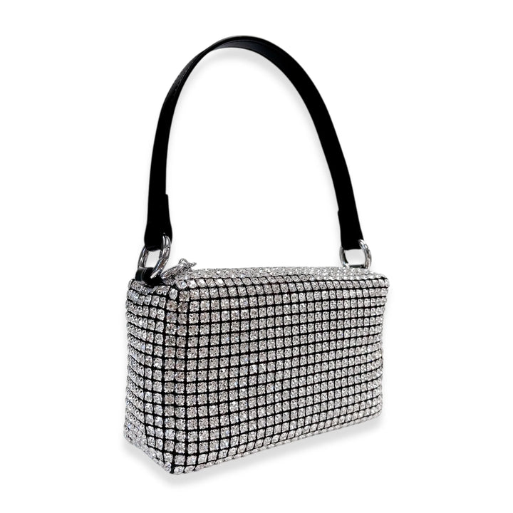 Silver handbag with rhinestone embellishments on a white background