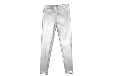 girls leggings in a metallic silver color. 