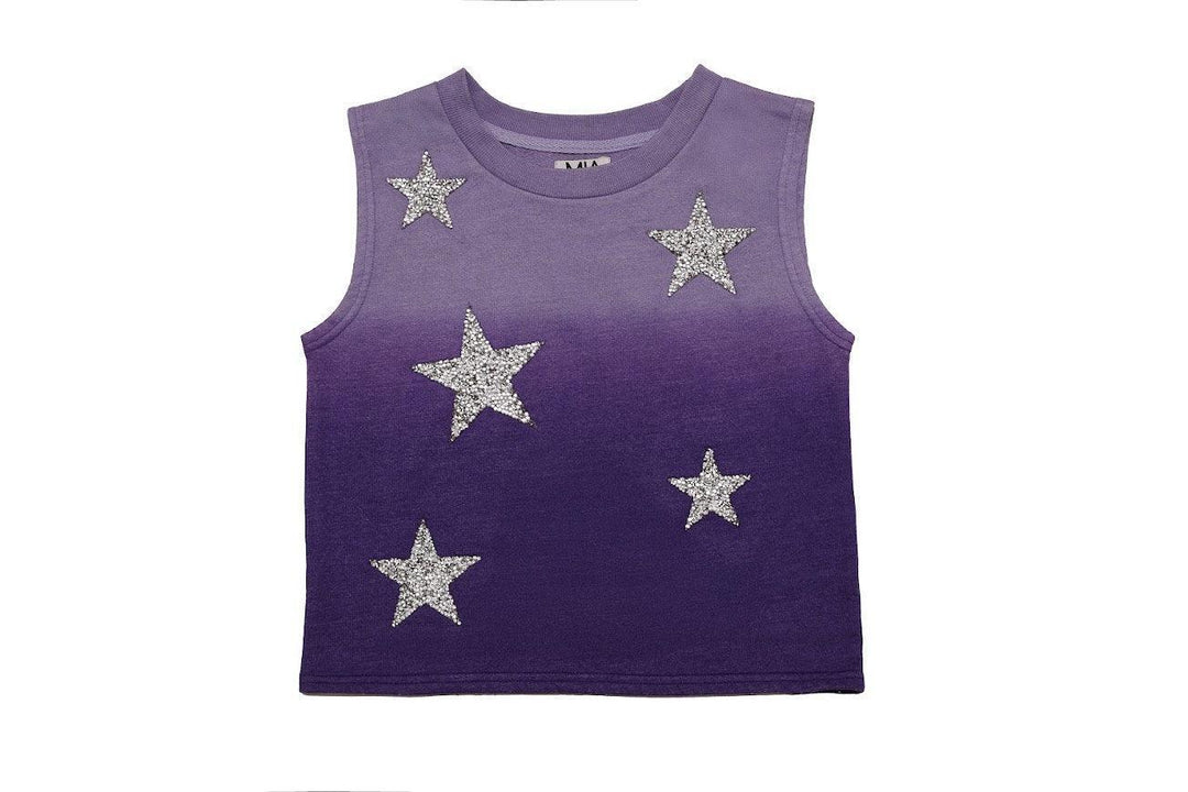 purple ombre sleeveless top with silver stars in different sizes on the tank