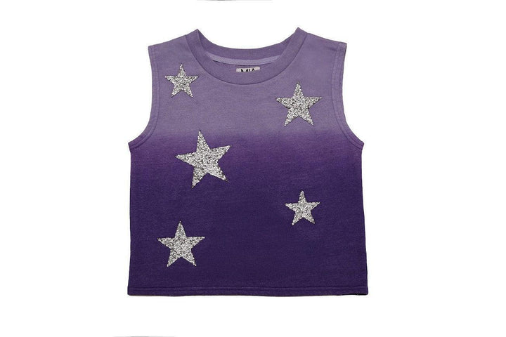 purple ombre sleeveless top with silver stars in different sizes on the tank