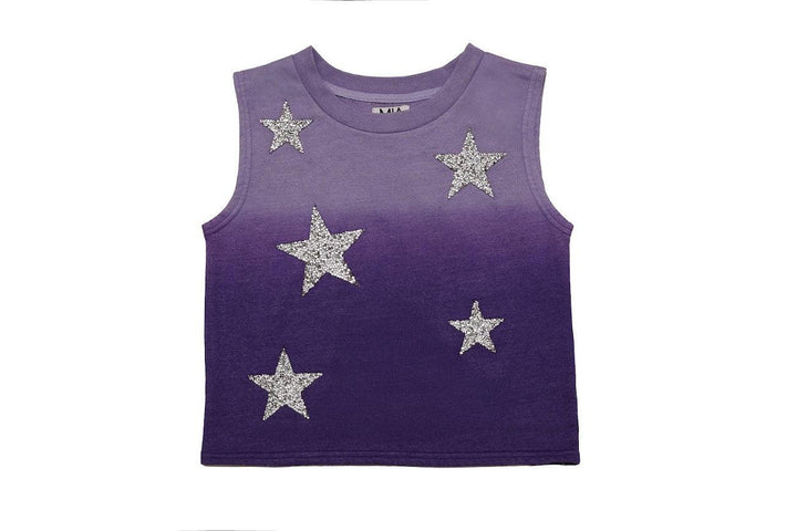 ombre purple sleeveless top with silver stars all over it. 