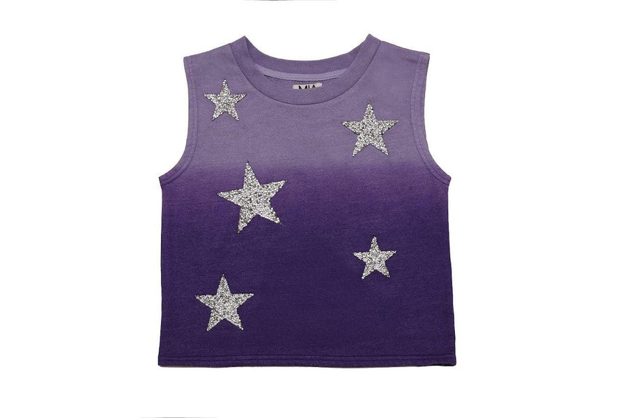 ombre purple sleeveless top with silver stars all over it. 