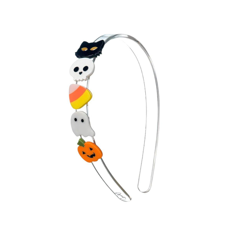 Halloween Headband, acrylic with cats, skeleton, candy corn, ghost and pumpkin. all small and concentrated on one side of the headband.