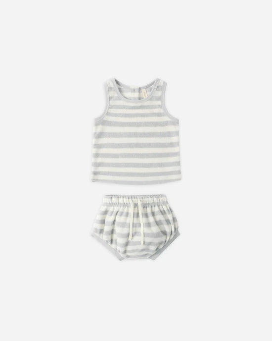 blue/green Striped tank top and shorts set on a white background