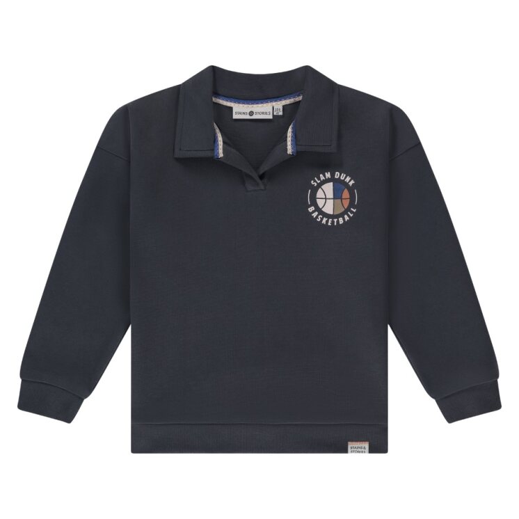 Navy blue sweatshirt with a logo on the upper left side on a white background