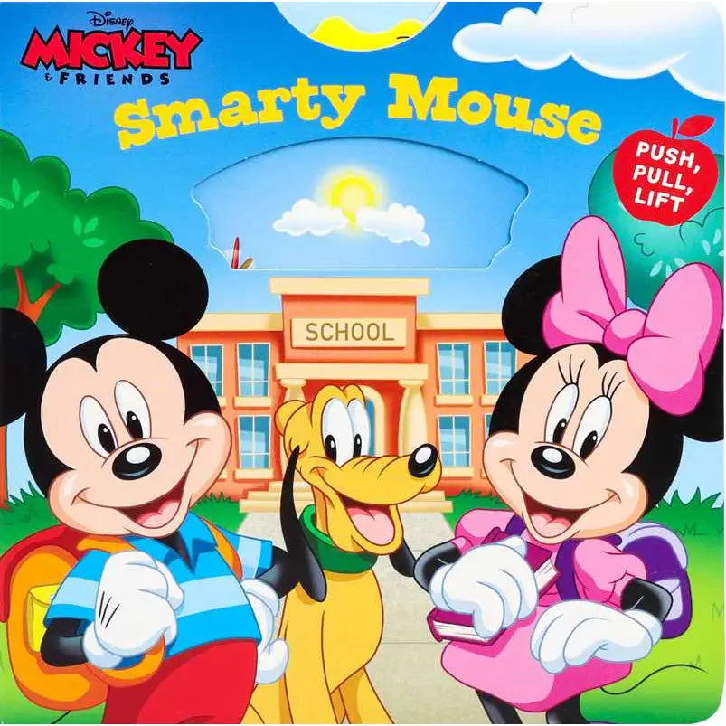 Cover of 'Smarty Mouse' book featuring Mickey Mouse, Donald Duck, and Minnie Mouse with a school building in the background.